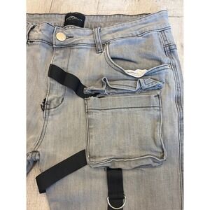 Cooper 9 Los Angeles Mens Gray Flare Cargo Jeans Webbing Straps Distressed 34